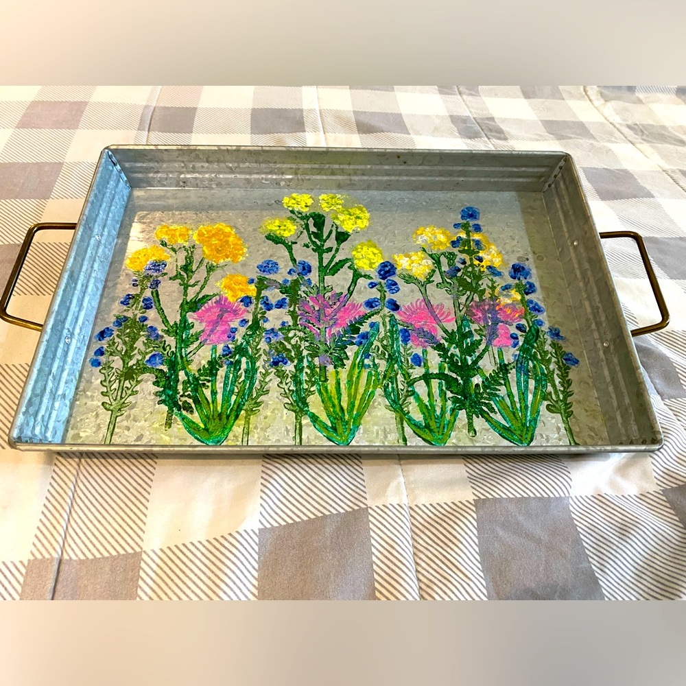 Better Homes and Gardens Galvanized Metal Serving Tray with Floral Painting